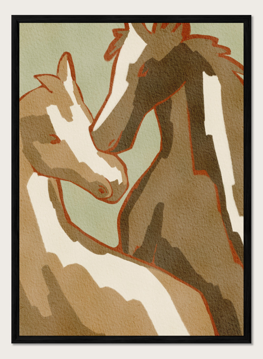 Shop Horse Love by Nikita Jariwala, a modern horse wall art print featuring two horses in a close affectionate pose, with warm beige, cream, and rust tones.