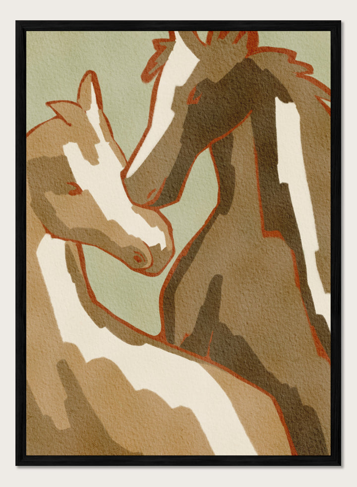 Shop Horse Love by Nikita Jariwala, a modern horse wall art print featuring two horses in a close affectionate pose, with warm beige, cream, and rust tones.