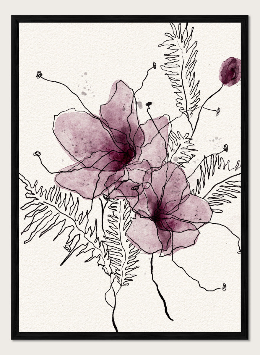 Abstract floral art print featuring two translucent mauve-purple watercolor flower shapes with black line-drawn stems and fern-like leaves on a textured off-white background. Shop Delicate Botanical Outline by Ankie Kooi, a floral wall art print poster with purple watercolor flowers, botanical line art, fern leaves, and cream tones.