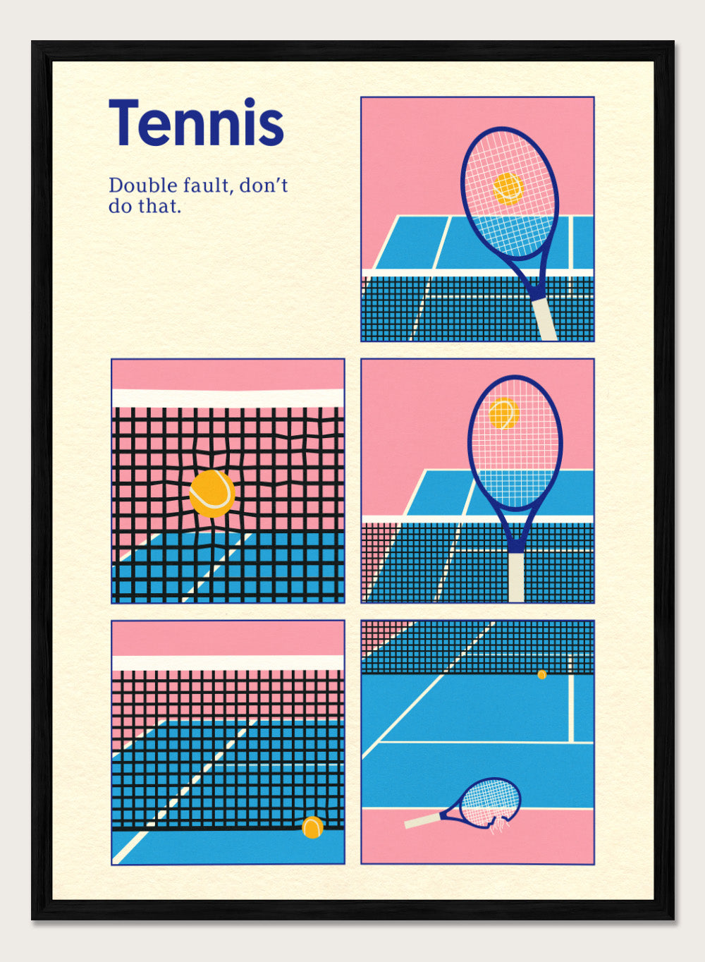Illustrated poster of tennis with racquets and ball on a pink and blue background. Tennis Double Fault by Rosi Feist is a minimalist tennis poster with graphic court design, modern sports wall art, officially licensed fine art print.