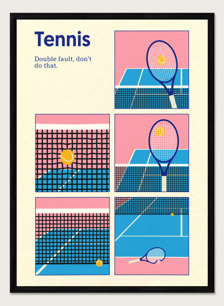 Illustrated poster of tennis with racquets and ball on a pink and blue background. Tennis Double Fault by Rosi Feist is a minimalist tennis poster with graphic court design, modern sports wall art, officially licensed fine art print.