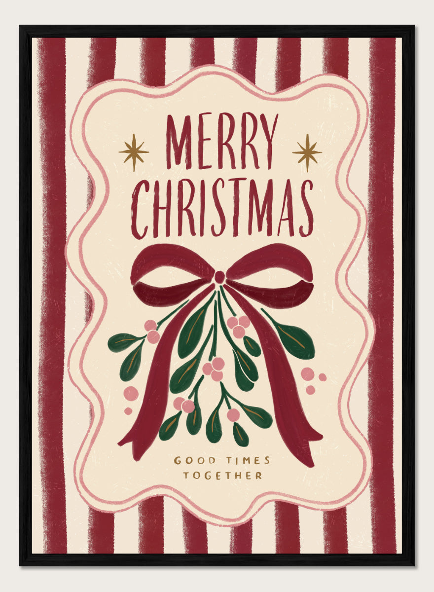 Shop Merry Christmas Mistletoe by Katarzyna Gąsiorowska, a Christmas wall art print poster featuring mistletoe, a red bow, festive stripes, and vintage holiday typography.