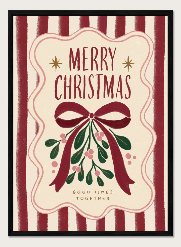 Shop Merry Christmas Mistletoe by Katarzyna Gąsiorowska, a Christmas wall art print poster featuring mistletoe, a red bow, festive stripes, and vintage holiday typography.