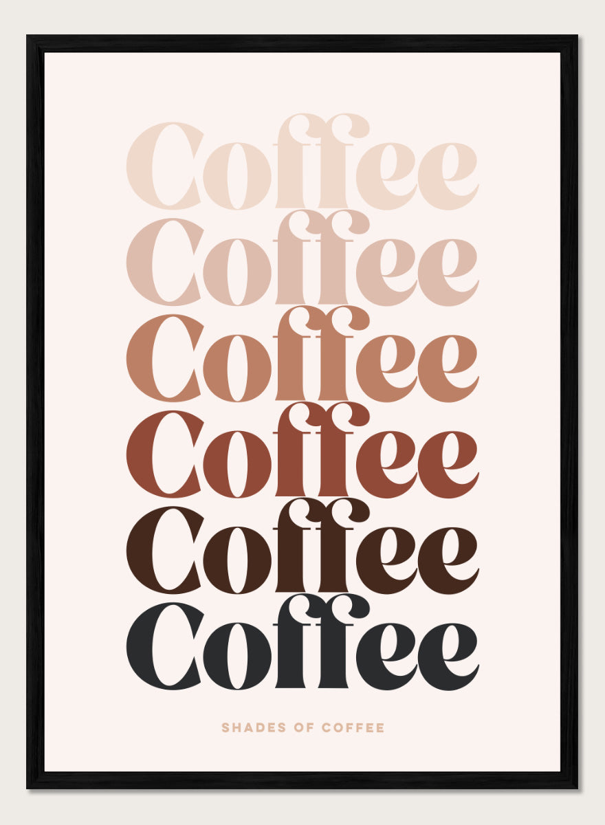 Shop Coffee Color Palette by Dominique Vari, a retro typography wall art print poster featuring layered coffee lettering in cream, beige, caramel, brown, and black.