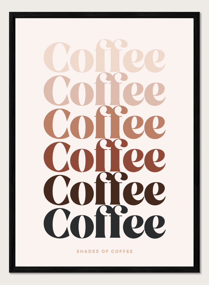 Shop Coffee Color Palette by Dominique Vari, a retro typography wall art print poster featuring layered coffee lettering in cream, beige, caramel, brown, and black.