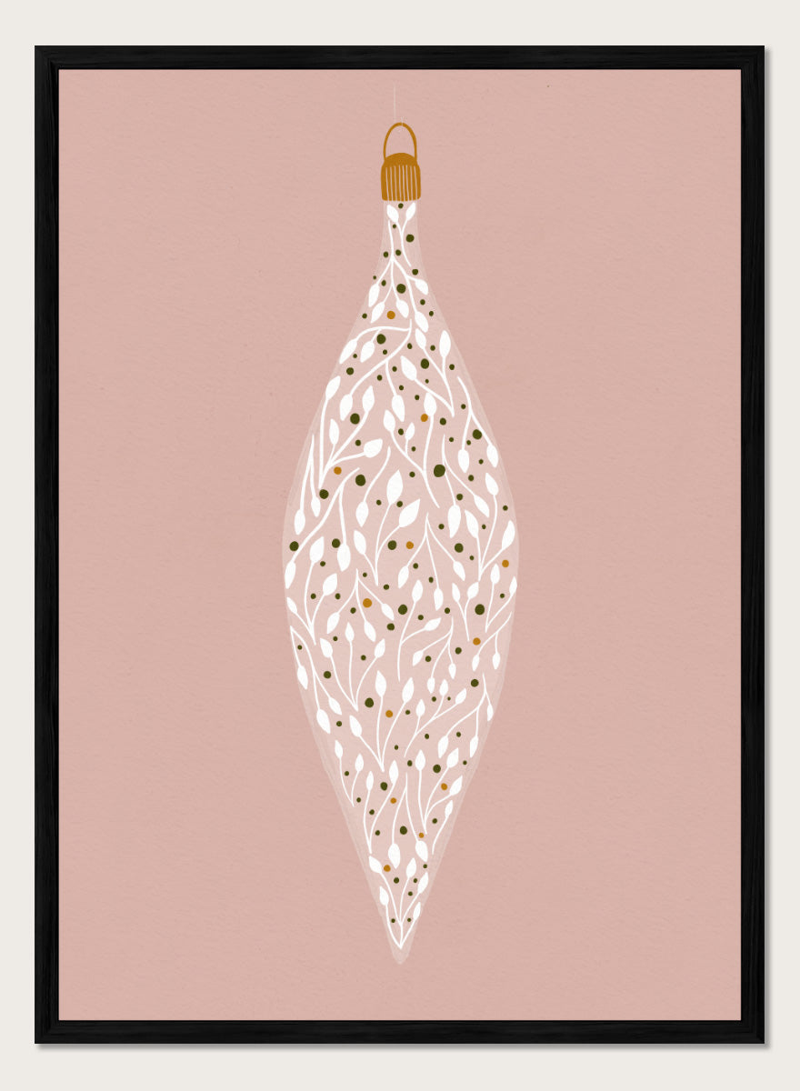Shop Ornament On Pink by Katie O’Shea, a botanical Christmas wall art print poster featuring white leafy branches, green and gold details, and a dusty pink background.