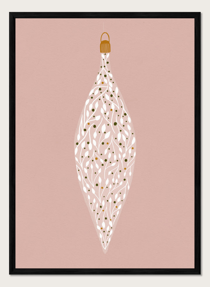 Shop Ornament On Pink by Katie O’Shea, a botanical Christmas wall art print poster featuring white leafy branches, green and gold details, and a dusty pink background.