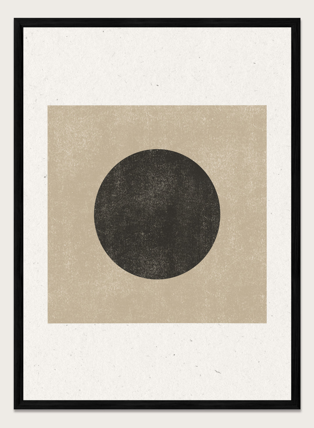 Black circle on beige background. Eclipse Silence by The MIUUS Studio is a minimalist abstract art print and wall poster featuring geometric shapes, neutral tones, and modern textured design.