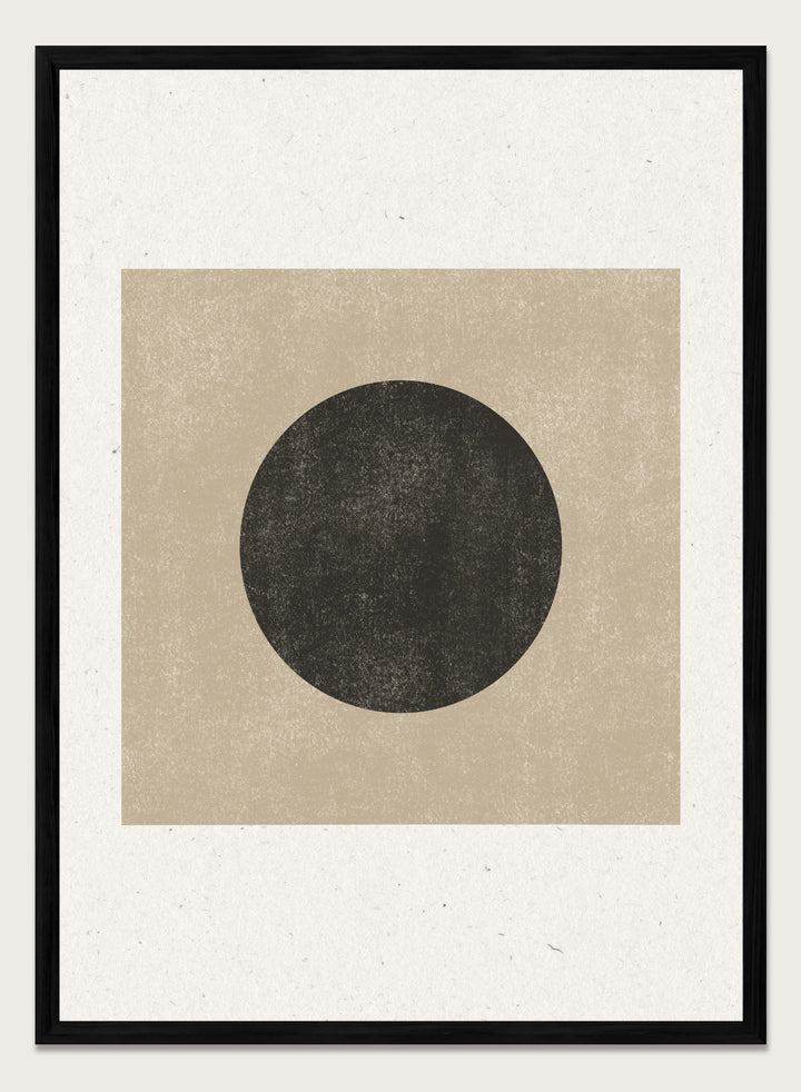 Black circle on beige background. Eclipse Silence by The MIUUS Studio is a minimalist abstract art print and wall poster featuring geometric shapes, neutral tones, and modern textured design.