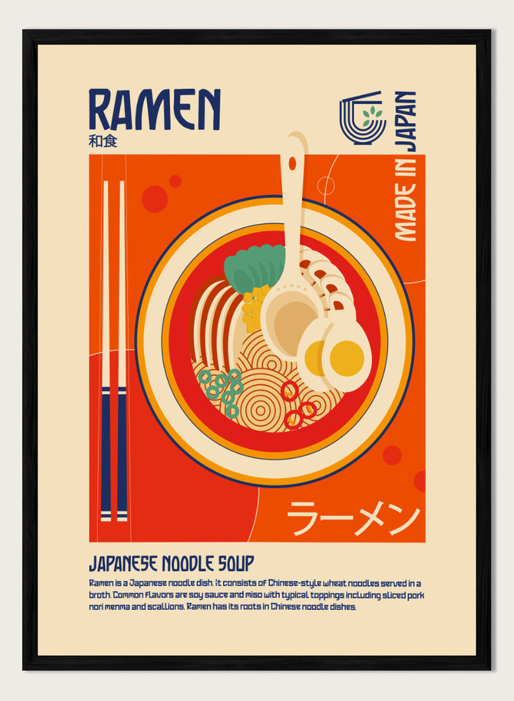 A stylized travel poster of Japanese Ramen noodle soup, featuring a central illustration of a bowl filled with noodles, a soft-boiled egg, green onions, and a ladle, set against a warm orange and beige background with &