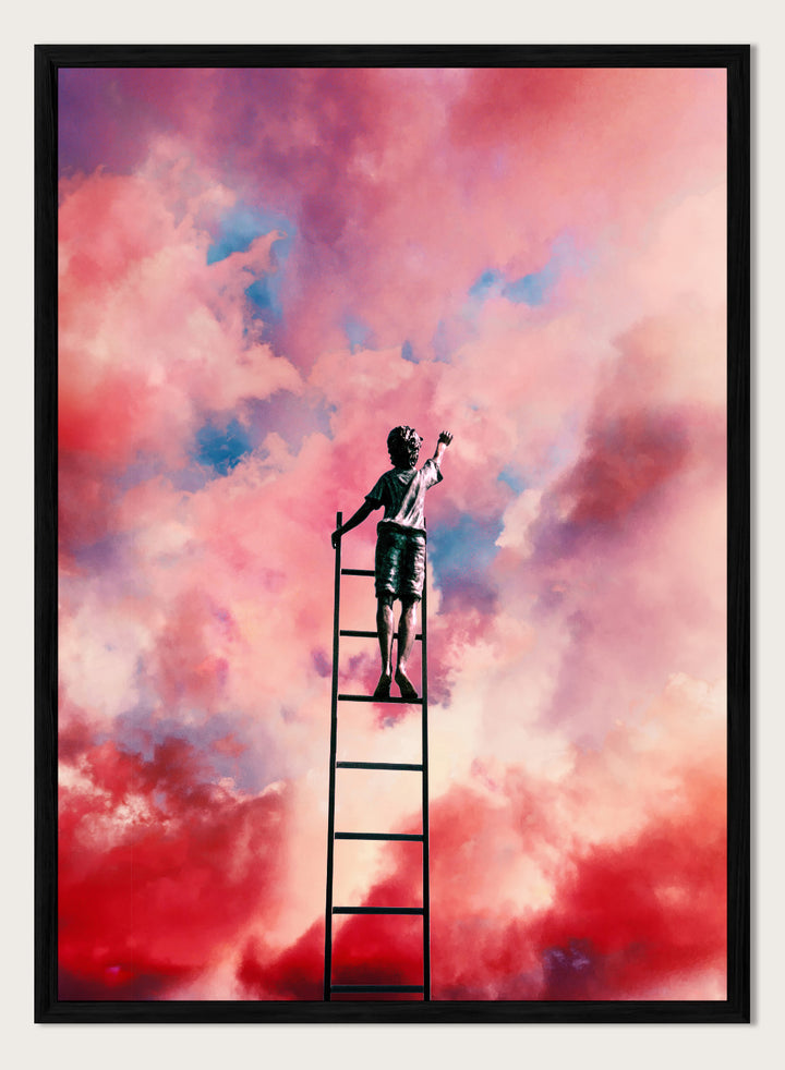 Person standing on a ladder against a colorful cloud sky. Cloud Painter by Taudalpoi surreal ladder to sky art print with pink clouds and dreamlike cosmic atmosphere, retro inspired collage poster wall art.