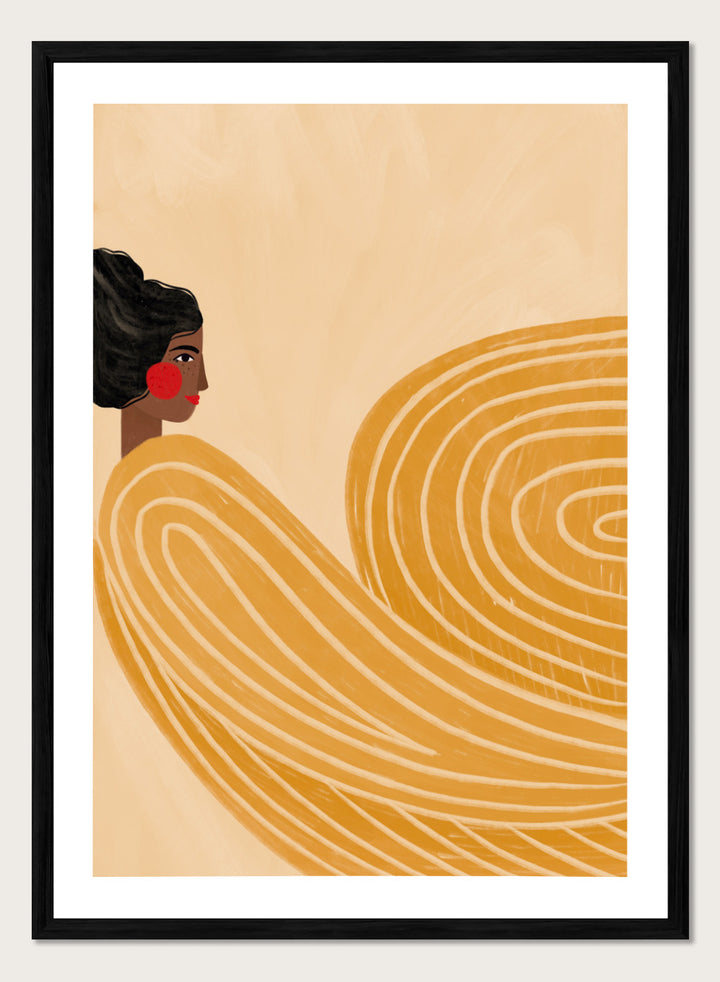 The Woman With the Yellow Stripes by Bea Müller is an officially licensed art print featuring flowing yellow lines and a warm modern portrait. Framed or unframed options available.