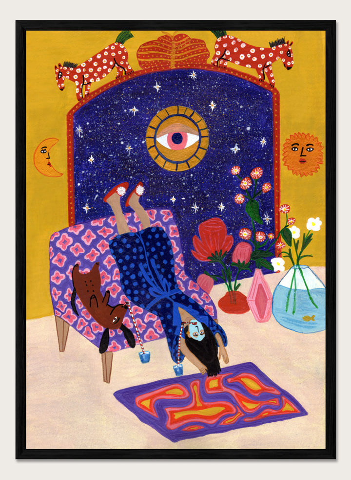 Colorful artwork of a person sitting on a chair with animals and decorative elements. Day Off From Office by Jota de Jai is a whimsical modern art print of a woman upside down with her dog, mid skincare routine, officially licensed wall poster with framing.