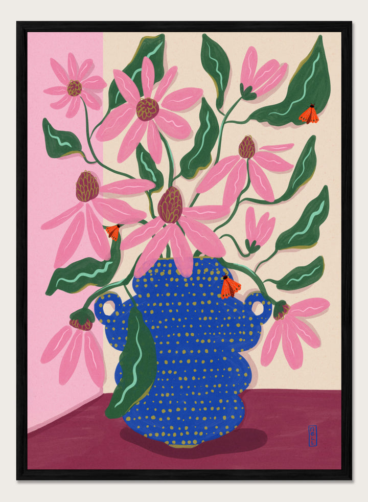 Artistic depiction of a blue vase with pink flowers on a pink background. Cone Flowers in a Pot by Dirkie Nell is a colorful floral art print with pink blooms, butterflies, and a bold blue vase. Officially licensed wall poster.