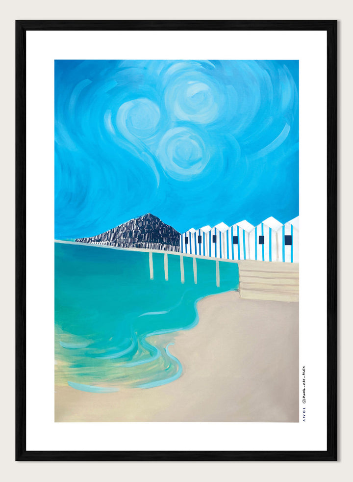 Vibrant Coastal Huts by Awol Art Alex is a modern coastal art print featuring striped beach huts, turquoise water, bold blue sky, and graphic seaside style.
