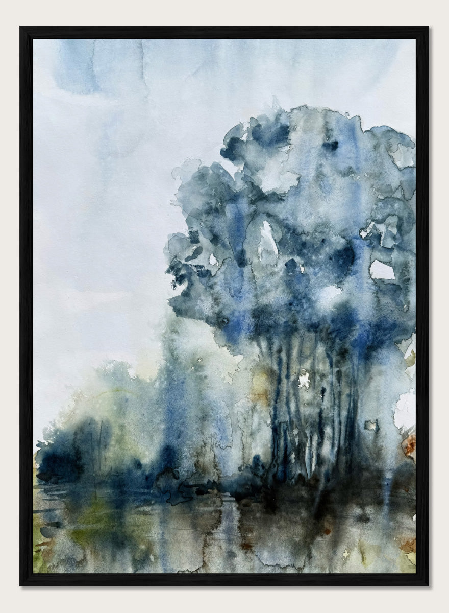 Shop Serene Forest Reflection by Helena Ryhle, a watercolor forest landscape wall art print poster with reflective water and a calm blue-toned mood.
