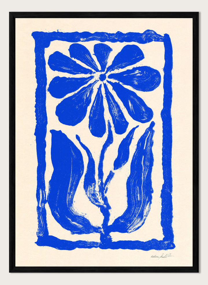 Blue floral design on a beige background. Blue Bloom by Eden Kalif is a modern floral art print featuring bold blue flower forms and graphic composition in a contemporary wall poster design.