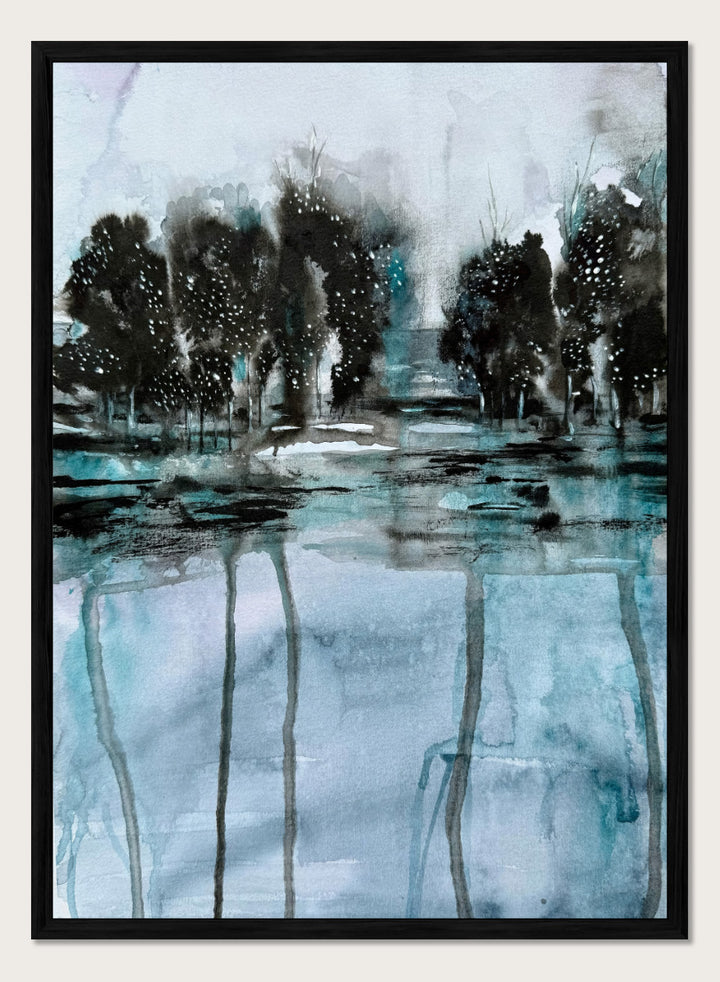 Shop Dark Forest Reflection by Helena Ryhle, a moody watercolor landscape wall art print poster featuring dark trees, reflective water, and deep blue-green tones.
