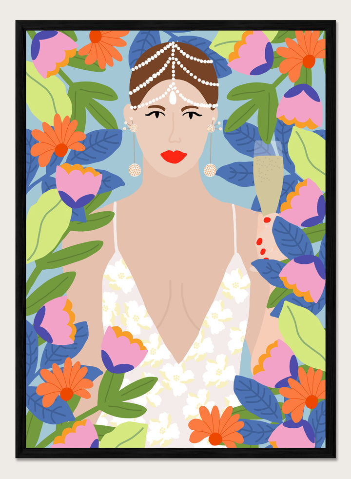 Illustration of a woman with flowers and leaves around her. Summer Queen in Flowers by Rafaela Mascaro is a vibrant floral art print celebrating confidence, femininity, color, and lush botanical beauty.