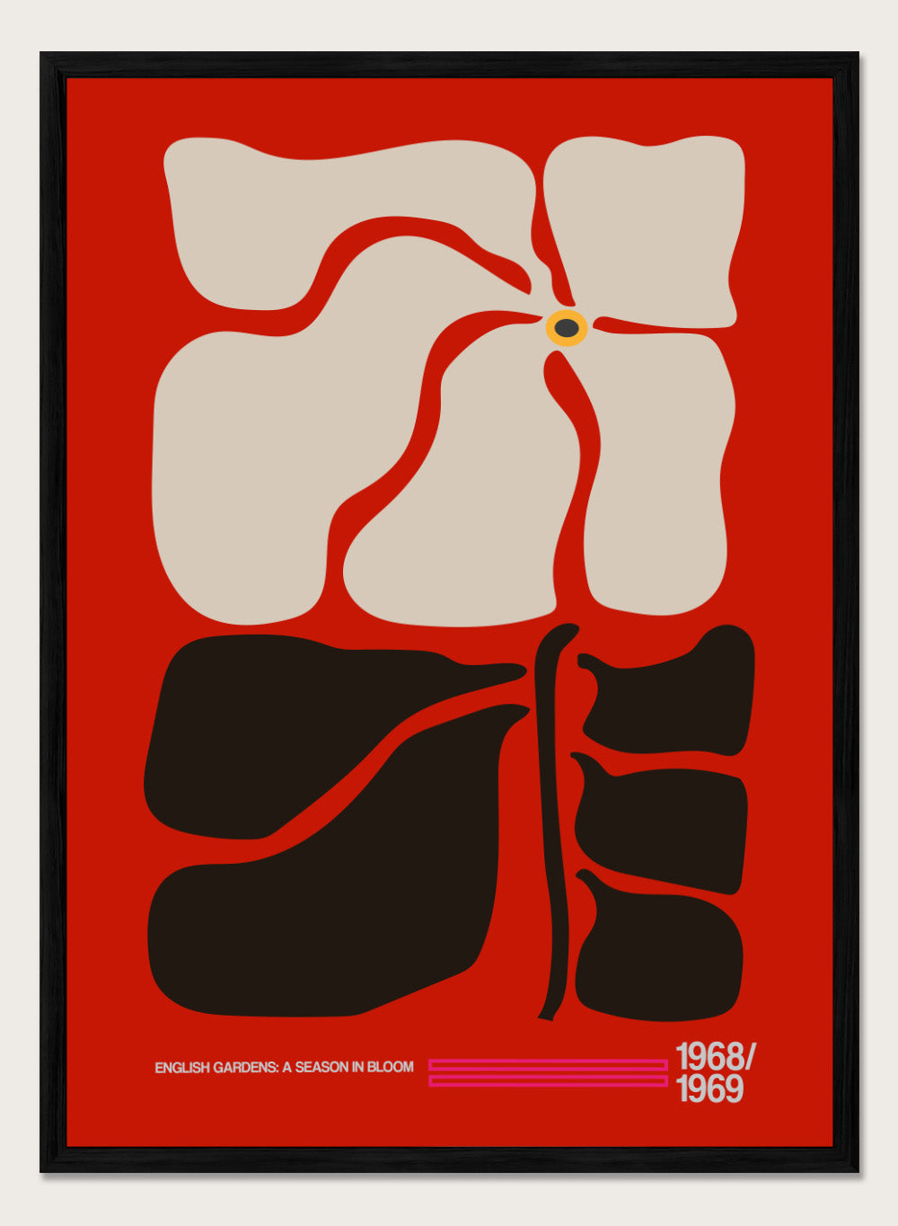 Abstract design with geometric shapes on a red background, featuring text at the bottom. English Gardens Red by Frances Collett features a bold illustrated flower with dark leaves on a red background. Officially licensed floral wall art print with optional framing.