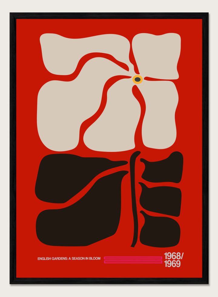 Abstract design with geometric shapes on a red background, featuring text at the bottom. English Gardens Red by Frances Collett features a bold illustrated flower with dark leaves on a red background. Officially licensed floral wall art print with optional framing.