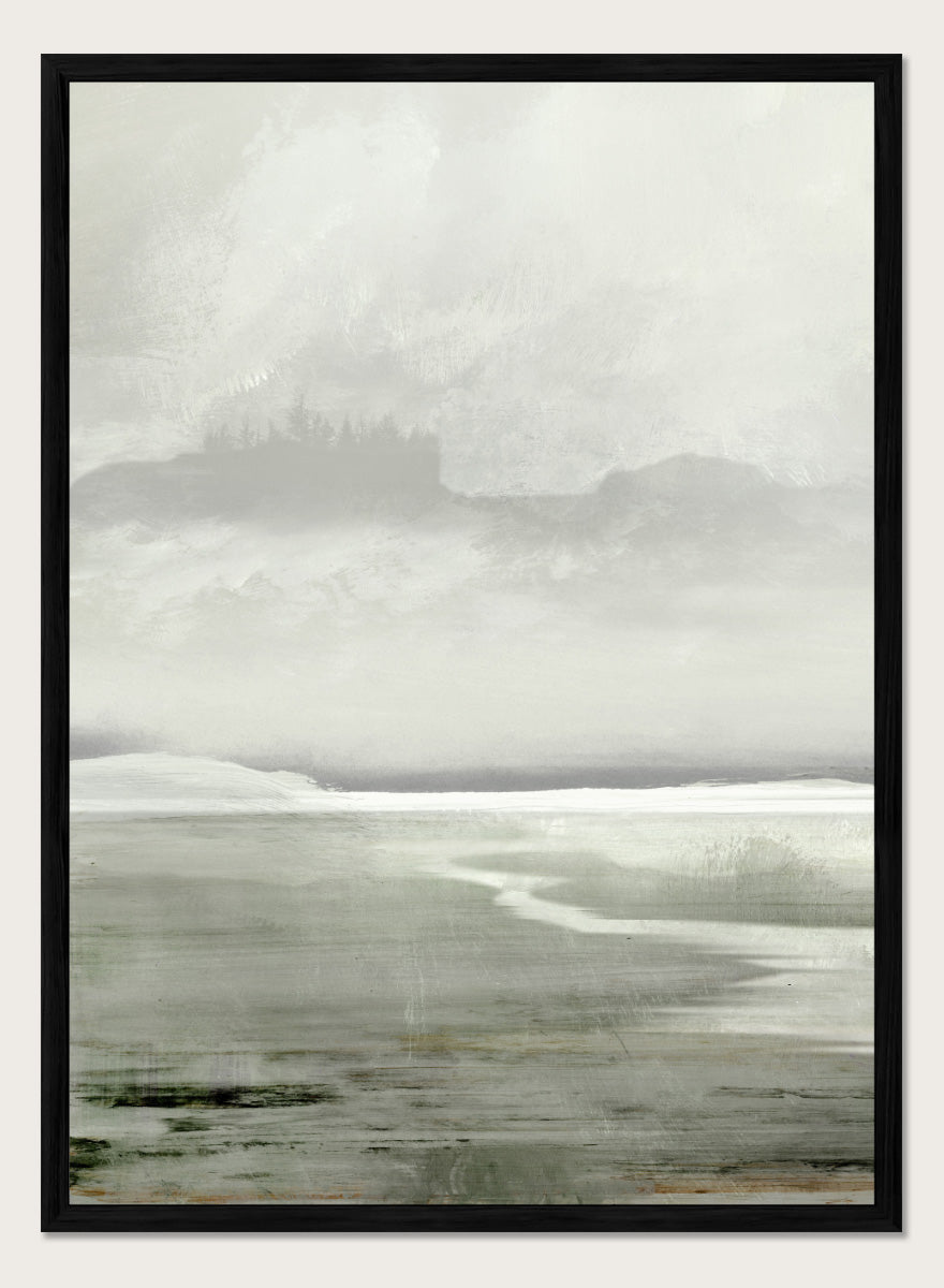 Shop Lakes No. 01 by Dan Hobday, a misty landscape art print featuring muted green water, distant hills, soft trees, and layered atmospheric texture.