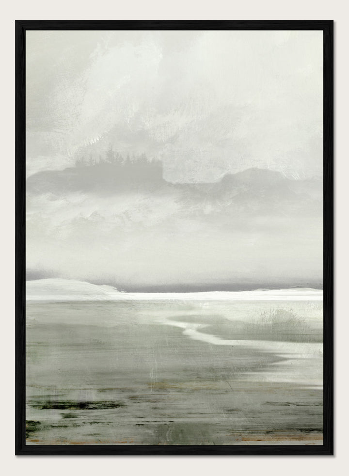 Shop Lakes No. 01 by Dan Hobday, a misty landscape art print featuring muted green water, distant hills, soft trees, and layered atmospheric texture.