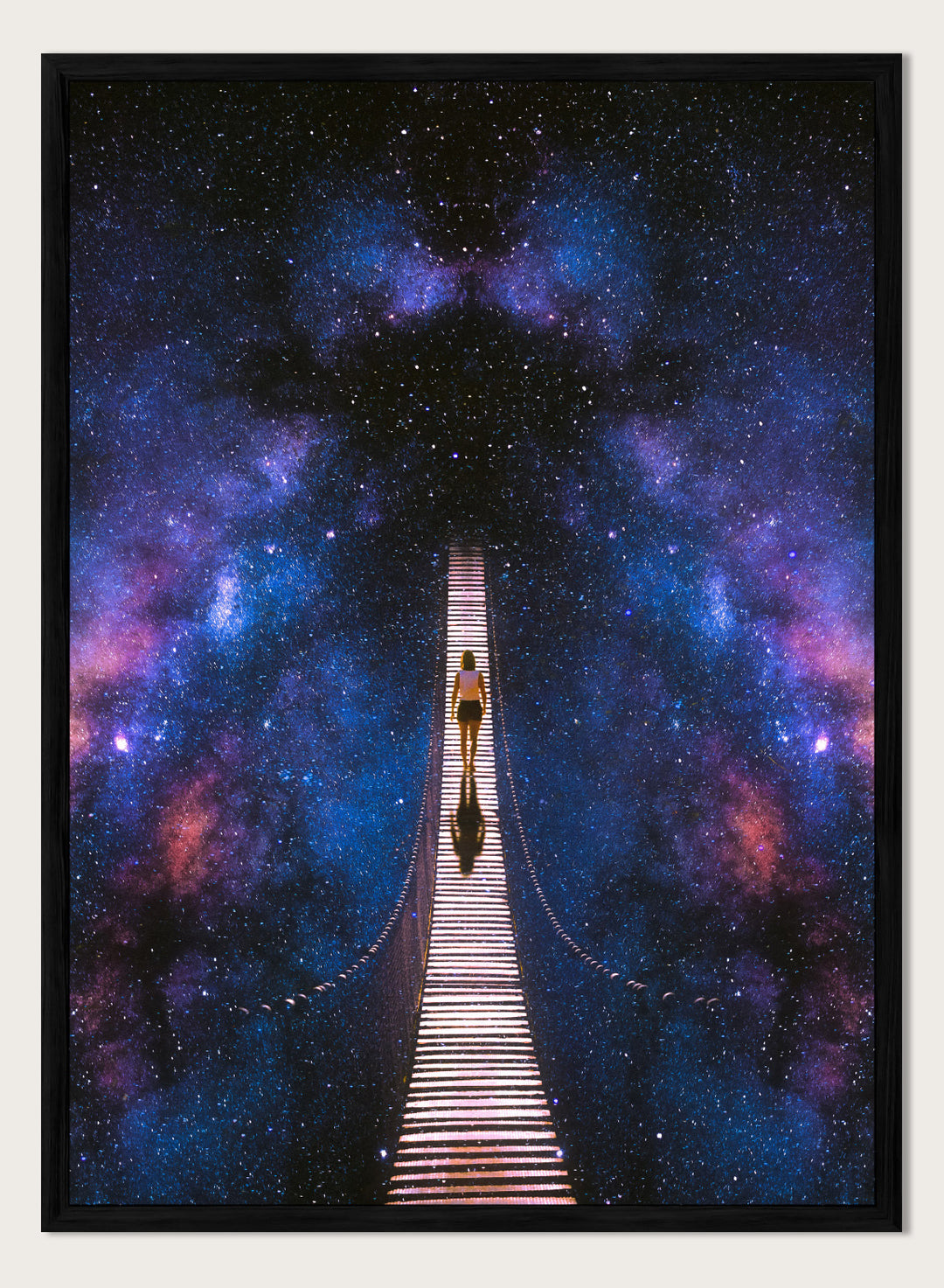 Person standing on a bridge stretching into space with a starry background. Infinity by Taudalpoi surreal cosmic bridge art print with lone figure walking through galaxy starscape, retro sci fi collage poster wall art.