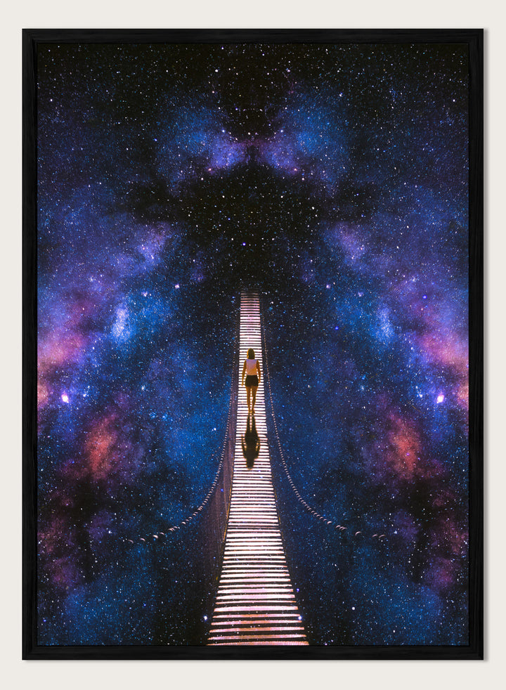Person standing on a bridge stretching into space with a starry background. Infinity by Taudalpoi surreal cosmic bridge art print with lone figure walking through galaxy starscape, retro sci fi collage poster wall art.