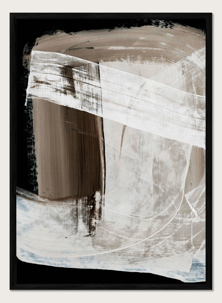 Shop Mind No.01 by Dan Hobday, an abstract wall art print poster featuring layered white brushwork, warm brown forms, and bold black contrast.