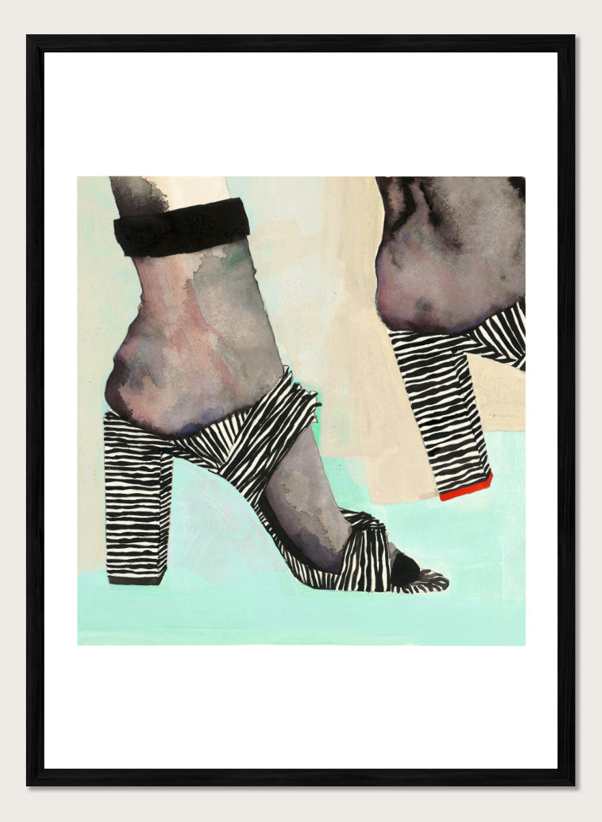 Shop Chic Zebra Heels by Sophia Novosel, a modern fashion wall art print poster featuring zebra-striped heels, bold black-and-white pattern, and a stylish cropped view.