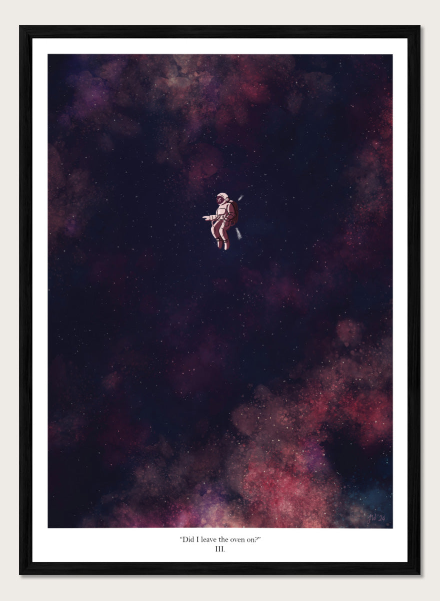 A framed art print featuring an astronaut floating in a starry outer space scene with deep purple, pink, and blue nebulae. The print has a white border with the text &