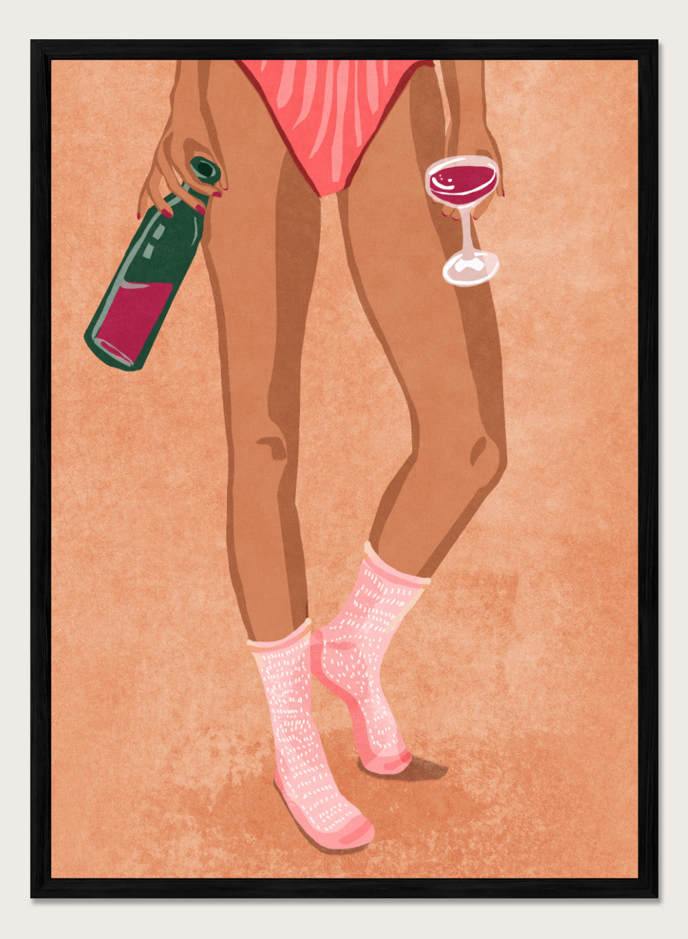 Illustration of a person's legs wearing pink socks with text, holding a bottle and a glass on a peach background. Wine and Socks by Raissa Oltmanns is a modern woman art print featuring wine bottle and glass in bold contemporary wall poster style.