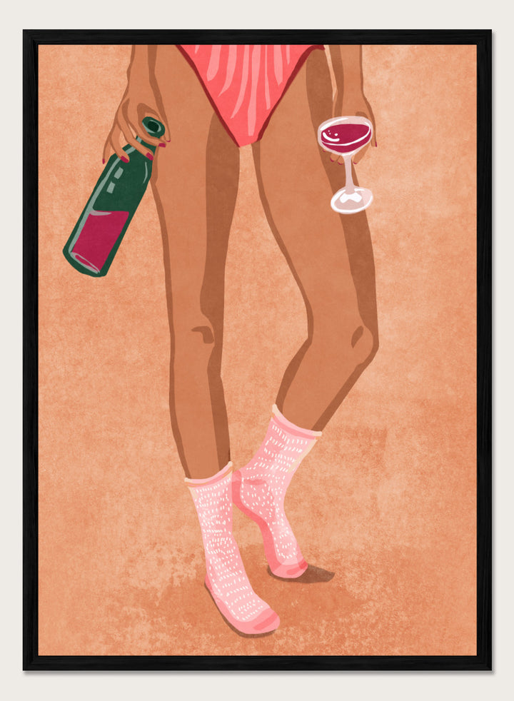 Illustration of a person's legs wearing pink socks with text, holding a bottle and a glass on a peach background. Wine and Socks by Raissa Oltmanns is a modern woman art print featuring wine bottle and glass in bold contemporary wall poster style.