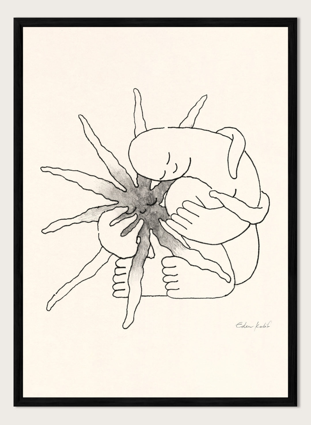 Black and white line art of a person embracing a sun figure on a beige background. Sunshine Love by Eden Kalif is a modern line art print featuring a figure holding a sun in a minimalist contemporary wall poster design.
