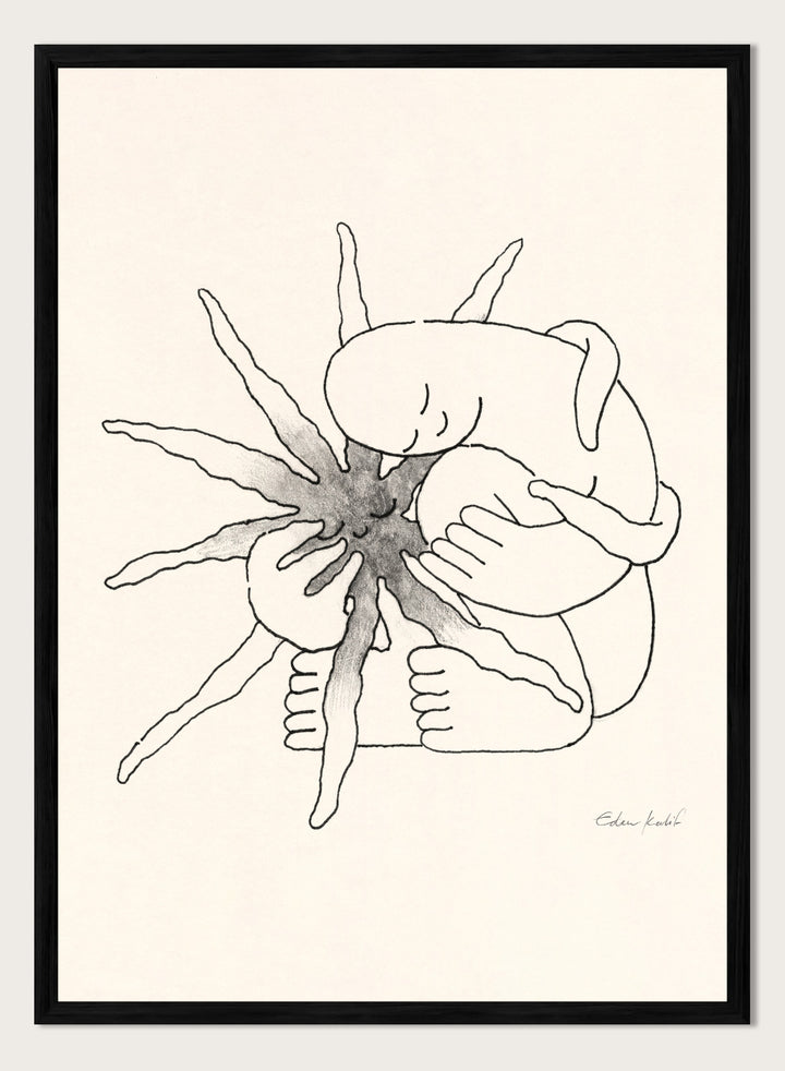Black and white line art of a person embracing a sun figure on a beige background. Sunshine Love by Eden Kalif is a modern line art print featuring a figure holding a sun in a minimalist contemporary wall poster design.