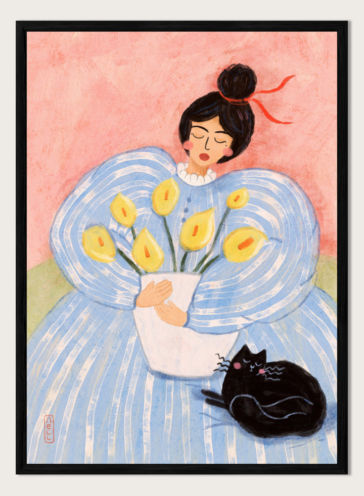 A stylized painting of a woman in a voluminous light blue dress holding a white vase with yellow flowers, with a black cat at her side against a pink background. Woman With Flowers And Cat by Dirkie Nell is a colorful portrait and floral art print featuring a woman, yellow flowers, blue dress, and black cat.