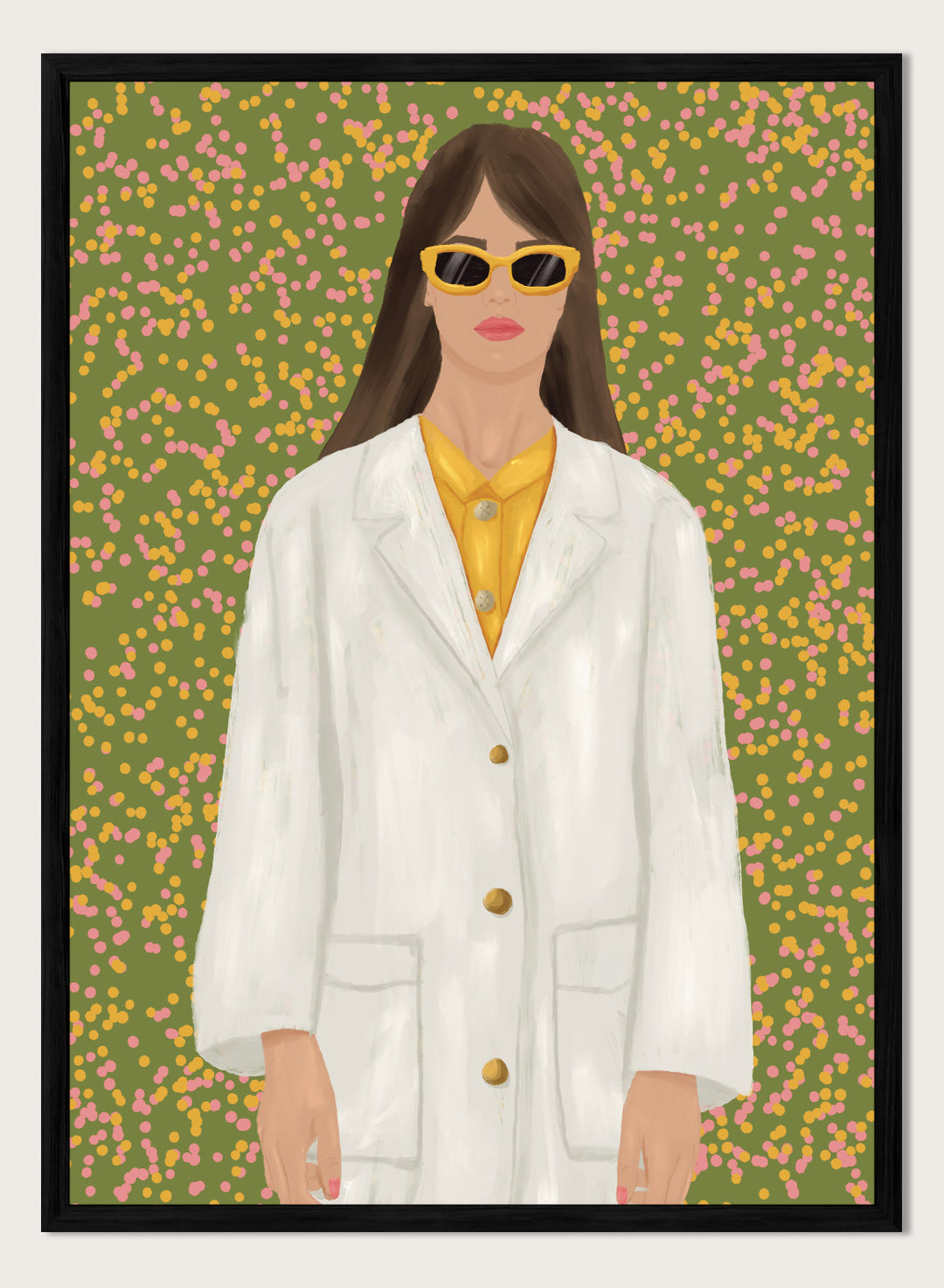 A stylized portrait of a woman wearing a white coat over a yellow top and yellow sunglasses, set against a green background filled with small pink and yellow dots. Chic Woman in Sunglasses by Lisa Solomoniuk premium framed fine art print featuring a woman in an oversized white coat and yellow sunglasses.