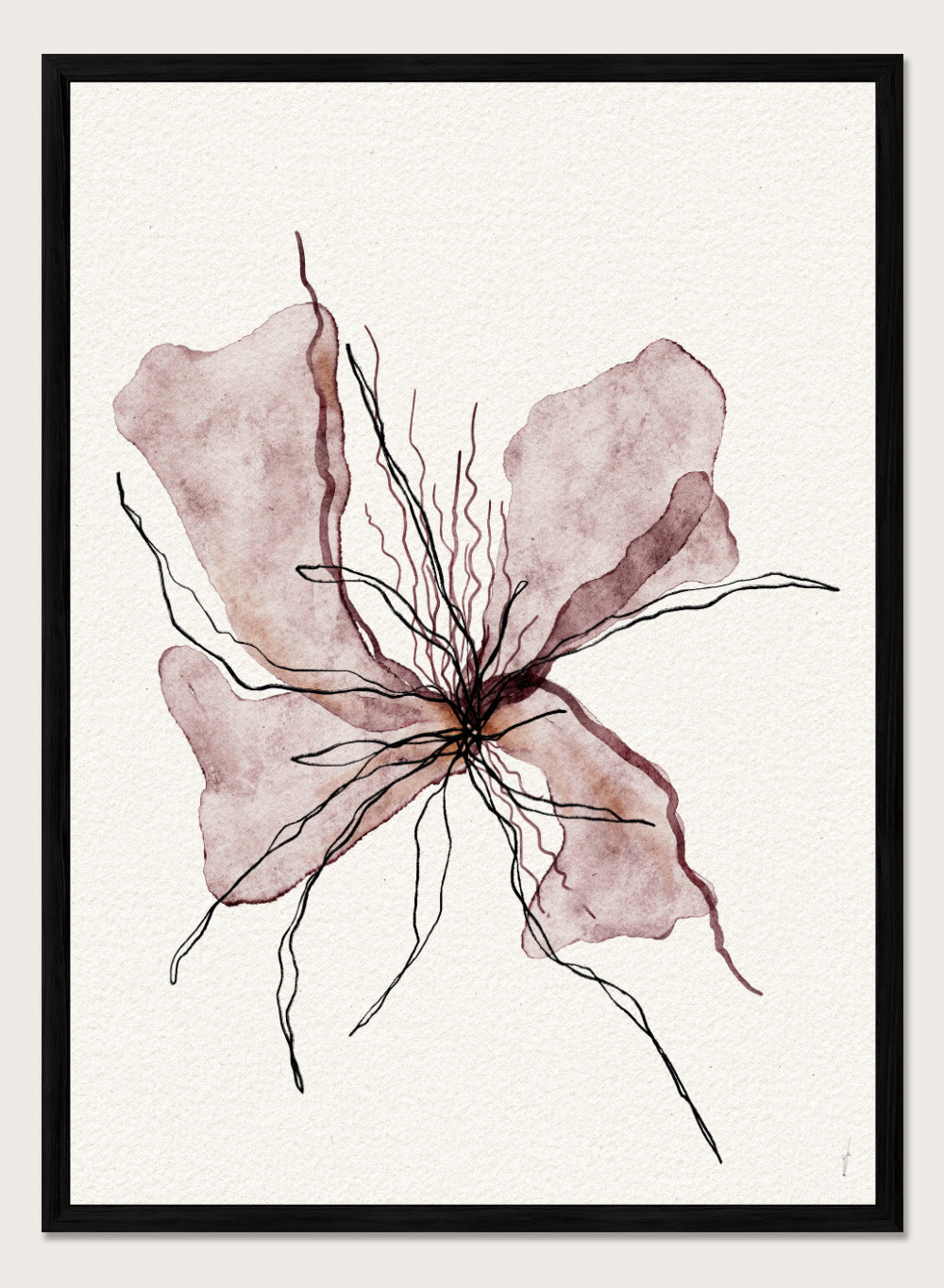 Booming Blooming by Ankie Kooi features an abstract flower illustration with soft watercolor petals and fine line details. Minimal botanical art print inspired by nature and growth.