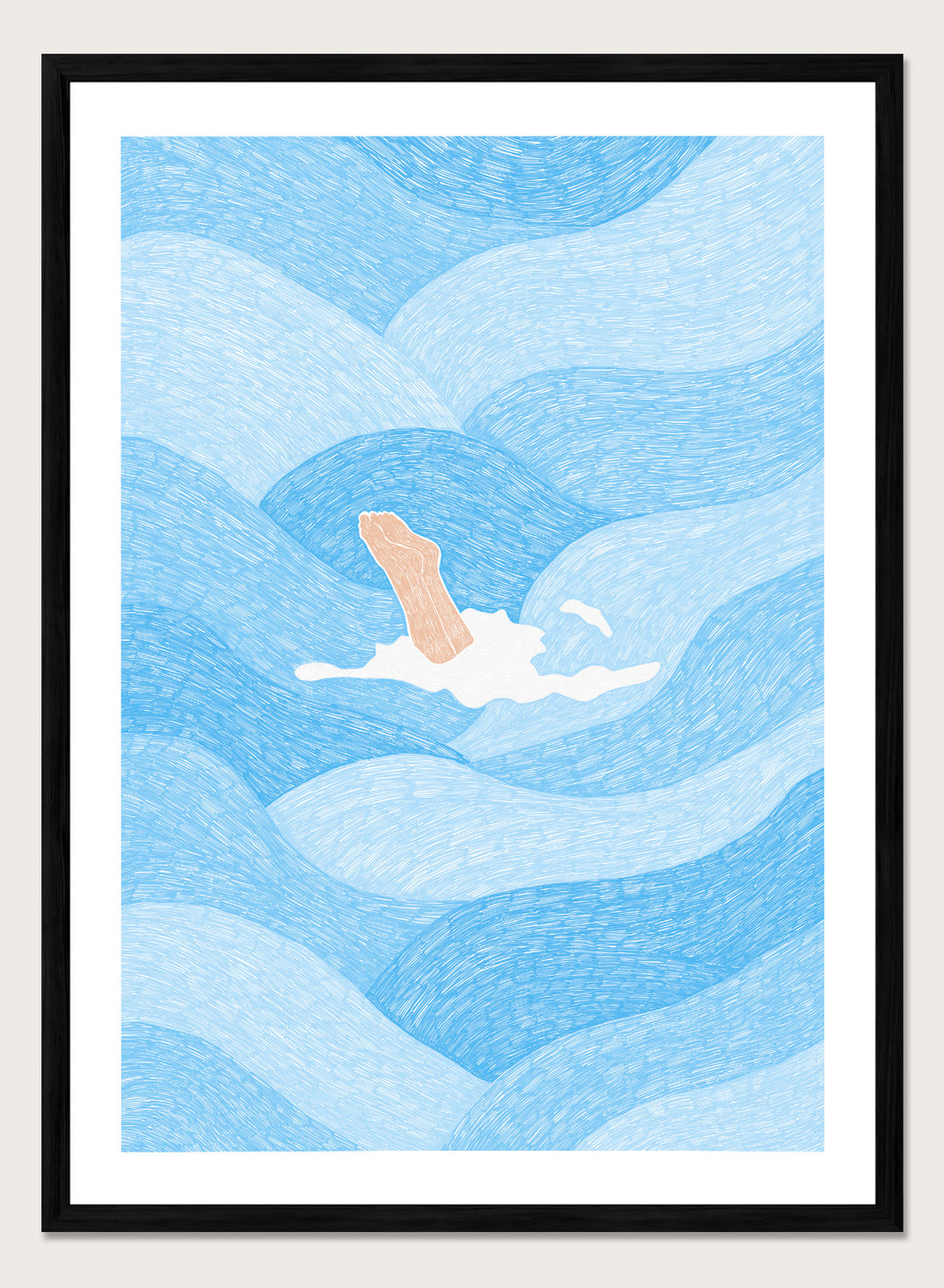 Illustration of a person swimming in blue water with a white border. Hand Reaching Blue Ocean by Rio Soléy is a modern coastal art print featuring swirling blue waves, minimalist illustration, playful design, and contemporary seaside charm.