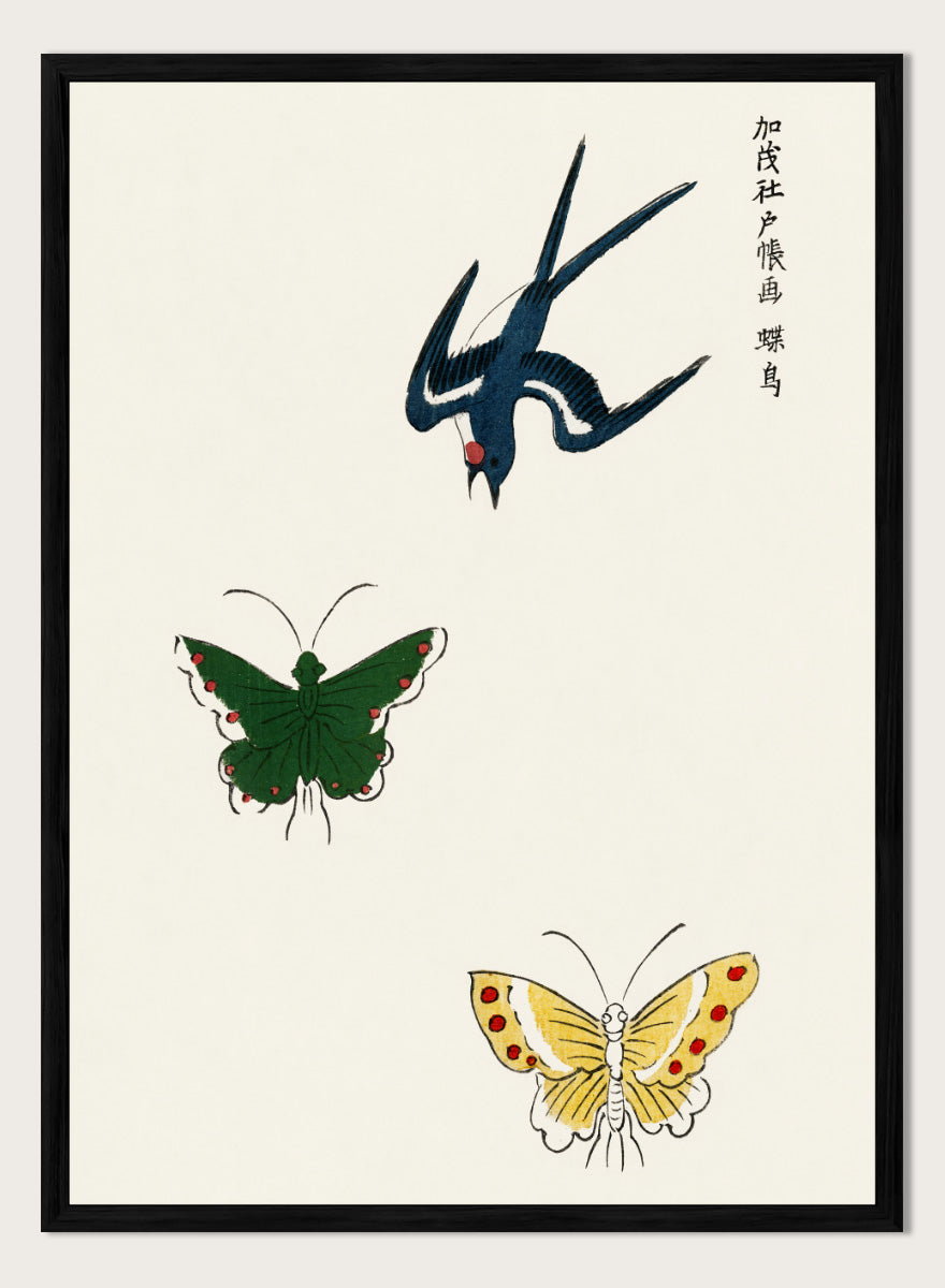Swallow and Butterflies by Taguchi Tomoki from Yatsuo no Tsubaki is a vintage Japanese woodblock art print featuring a blue swallow and colorful butterflies on warm ivory.