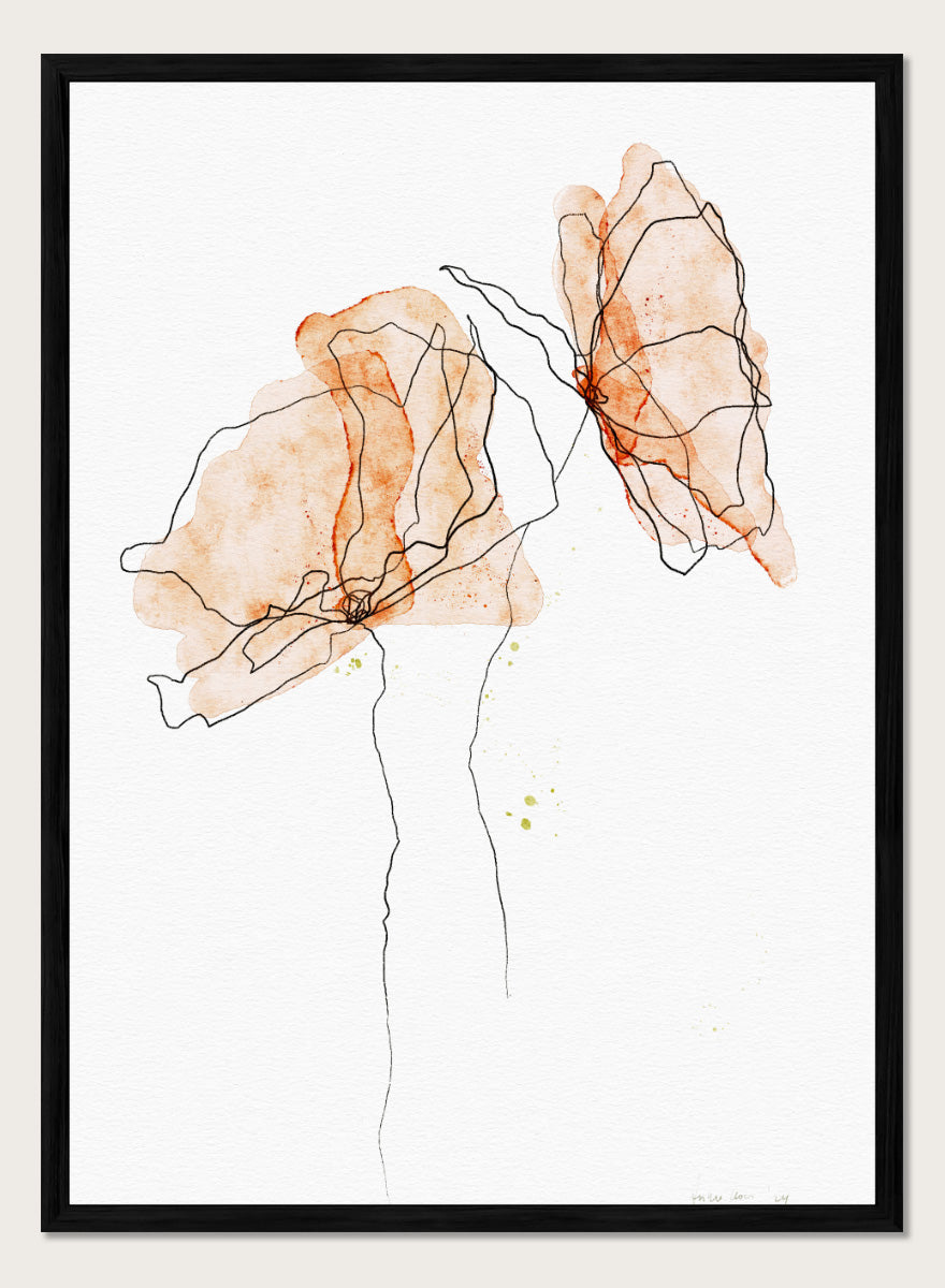 Abstract floral art print featuring two watercolor-style peach and orange flower shapes with thin black line details on a white background. Shop Abstract Peach Flowers by Ankie Kooi, a floral wall art print poster with abstract botanical line art, watercolor flowers, peach, orange, and black.