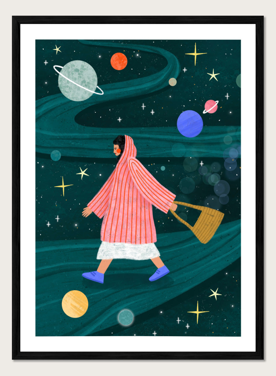Shop Dreamy Space Walk by Bea Müller, a figurative wall art print poster featuring a woman walking through a whimsical outer space landscape in deep green tones.