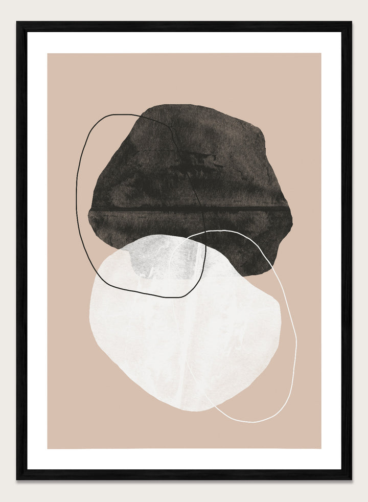 Abstract art piece with a black shape and white circle on a beige background. Earthy Abstractions by The MIUUS Studio is a minimalist abstract art print and wall poster featuring organic shapes, neutral tones, and modern textured design.