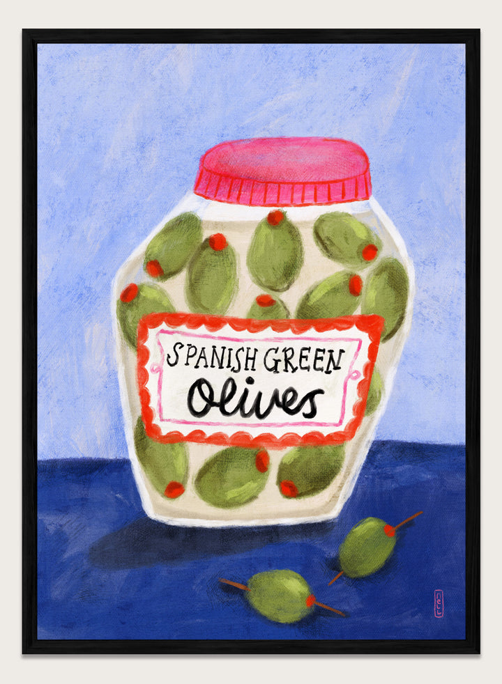 Illustration of a jar of Spanish green olives on a blue background. Spanish Green Olives Jar by Dirkie Nell is a playful food art print featuring hand painted olives, colorful kitchen details, and Mediterranean inspired design.