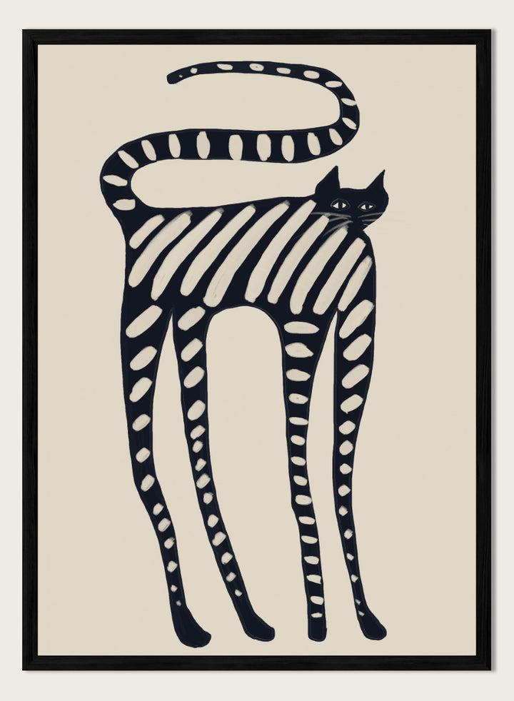 A stylized black cat illustration with bold diagonal stripes and white oval spots on a warm beige background. Striped Whimsical Cat by The Art Concept playful cat art print featuring an elongated black cat with cream stripes and an oversized looping tail.