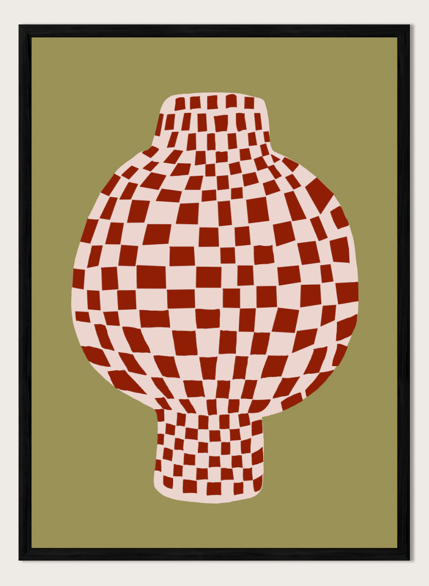 A stylized graphic print of a vase with a red and off-white checkerboard pattern, set against an olive green background. Retro Checkered Vase by The Art Concept is a modern still life art print featuring a red checkered vase, olive green background, and playful retro style.