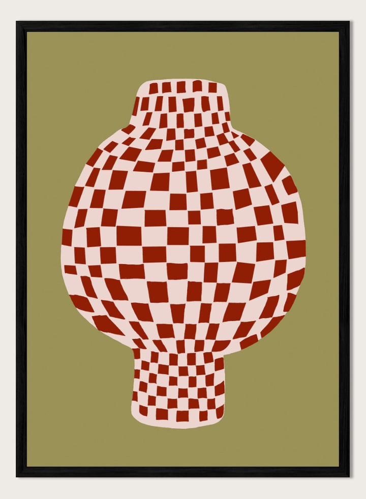A stylized graphic print of a vase with a red and off-white checkerboard pattern, set against an olive green background. Retro Checkered Vase by The Art Concept is a modern still life art print featuring a red checkered vase, olive green background, and playful retro style.