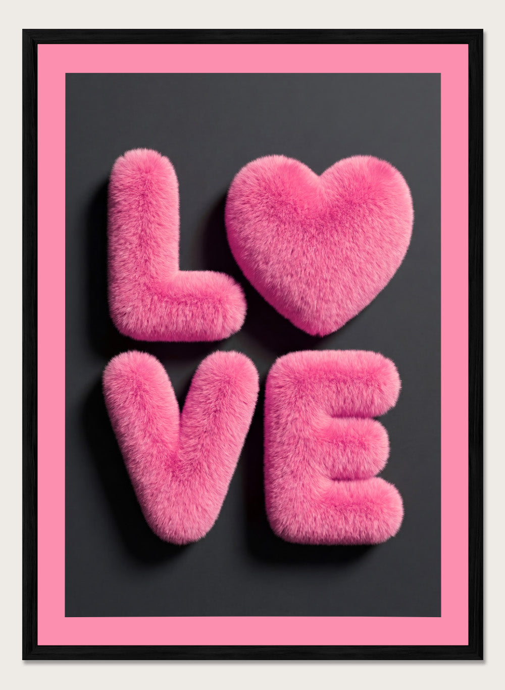 Pink fluffy letters spelling 'LOVE' on a black background with a pink border. Furry Love by Andreas Magnusson is a bold pink typography art print featuring playful textured lettering. A modern love-inspired wall poster.