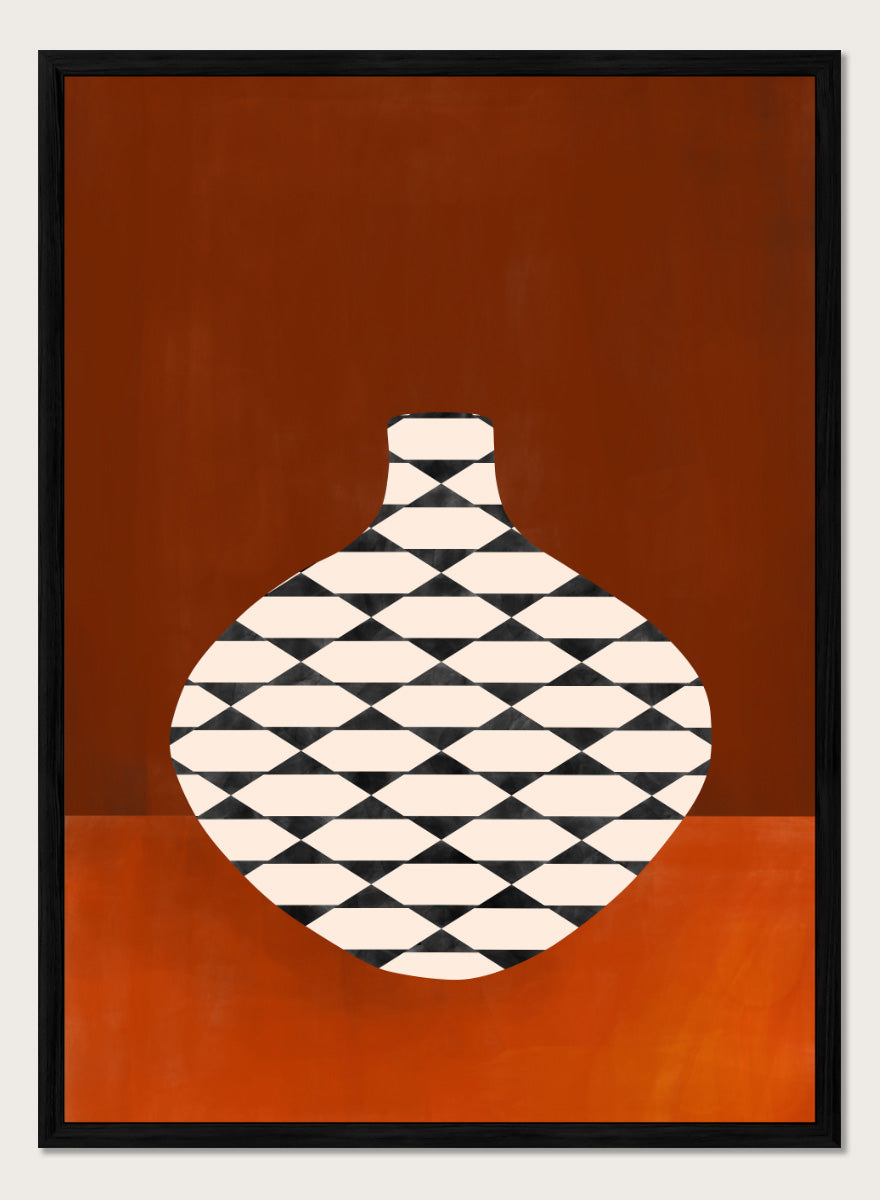 Shop Modern Geometric Vase by Elena Ristova, a modern wall art print poster featuring a black-and-cream patterned vase against a rich rust background.